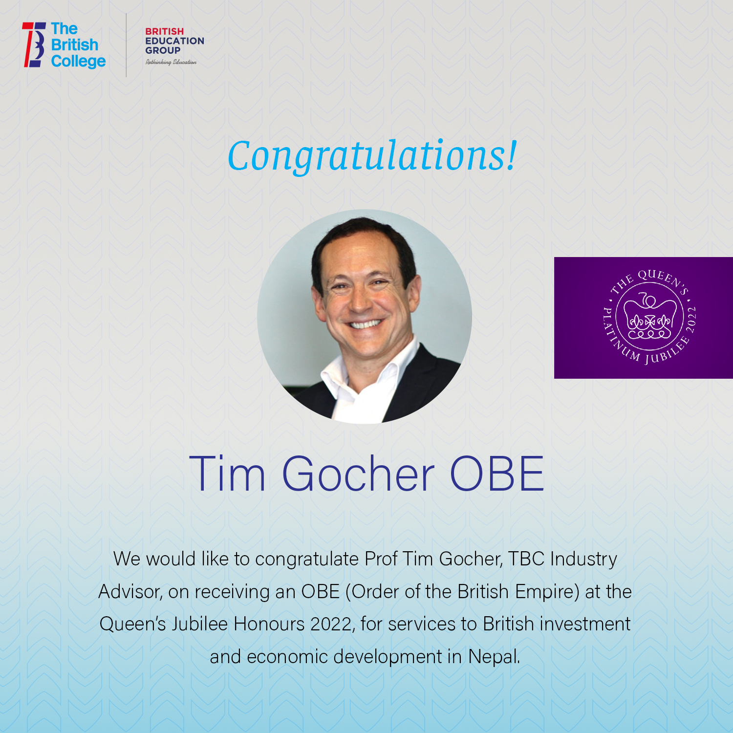 TBC Industry Advisors, Prof Tim Gocher has been awarded an OBE by Queen Elizabeth II of England