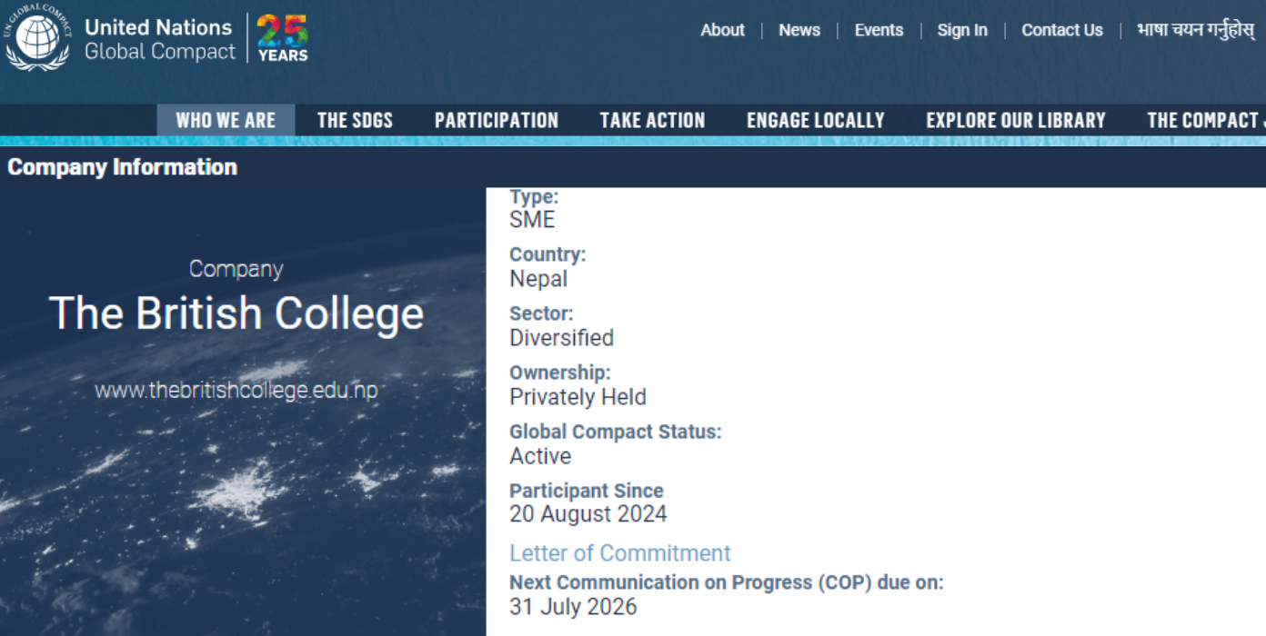 The British College Submits First UNGCN Communication on Progress